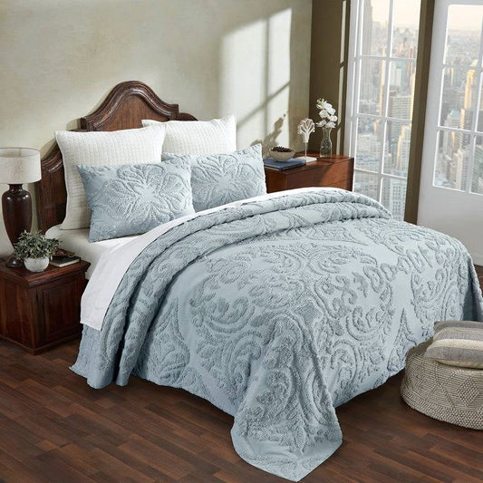Full Size 100-Percent Cotton Chenille 3-Piece Coverlet Bedspread Set in Blue - Tampa Home & Garden Store