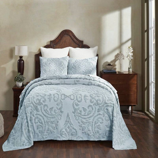 Full Size 100-Percent Cotton Chenille 3-Piece Coverlet Bedspread Set in Blue - Tampa Home & Garden Store