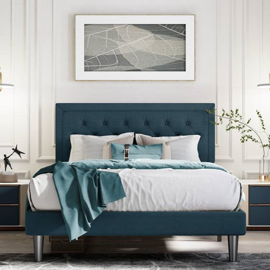 Full Size Adjustable Height Platform Bed Frame with Blue Upholstered Headboard - Tampa Home & Garden Store