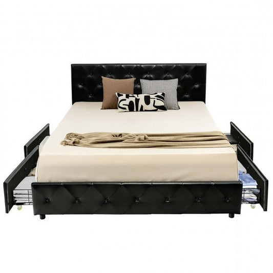 Full Size Black PU Leather Button Tufted Platform Bed with 4 Storage Drawers - Tampa Home & Garden Store