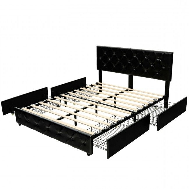 Cama plataforma capitoné de piel sintética negra de tamaño completo con 4 cajones de almacenamiento