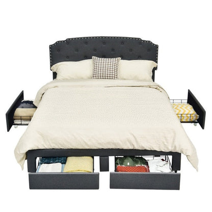 Cabecero Ajustable de Lino Gris Tamaño Completo con Plataforma de Cama de Almacenamiento con 4 Cajones
