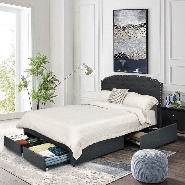Cabecero Ajustable de Lino Gris Tamaño Completo con Plataforma de Cama de Almacenamiento con 4 Cajones