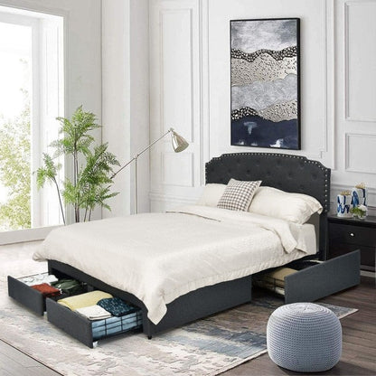 Cabecero Ajustable de Lino Gris Tamaño Completo con Plataforma de Cama de Almacenamiento con 4 Cajones
