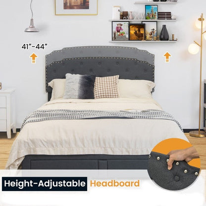 Cabecero Ajustable de Lino Gris Tamaño Completo con Plataforma de Cama de Almacenamiento con 4 Cajones