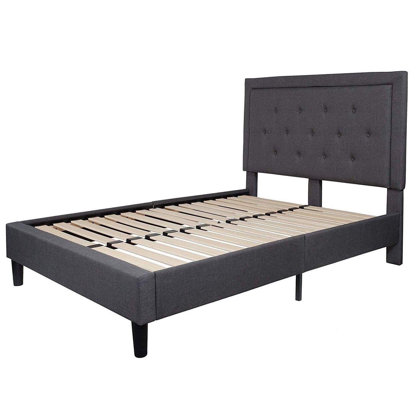 Estructura de cama de plataforma tapizada en tela gris oscuro de tamaño matrimonial con cabecero capitoné