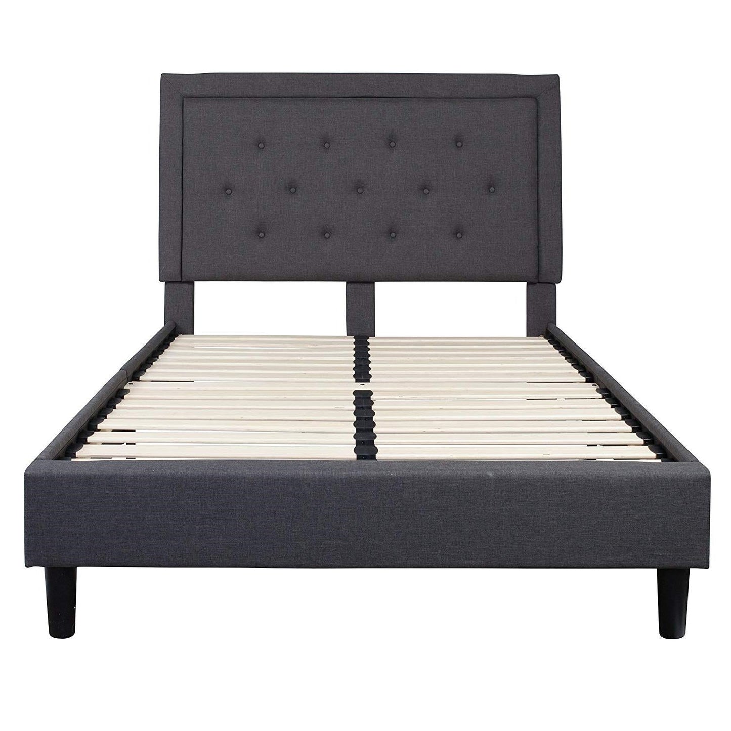 Estructura de cama de plataforma tapizada en tela gris oscuro de tamaño matrimonial con cabecero capitoné