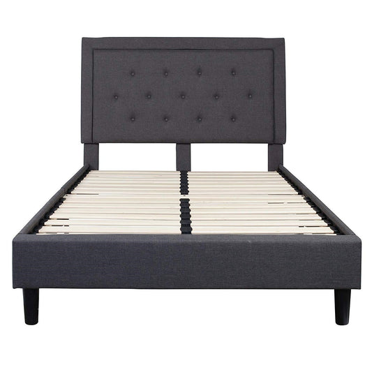Full size Dark Grey Fabric Upholstered Platform Bed Frame with Tufted Headboard - Tampa Home & Garden Store