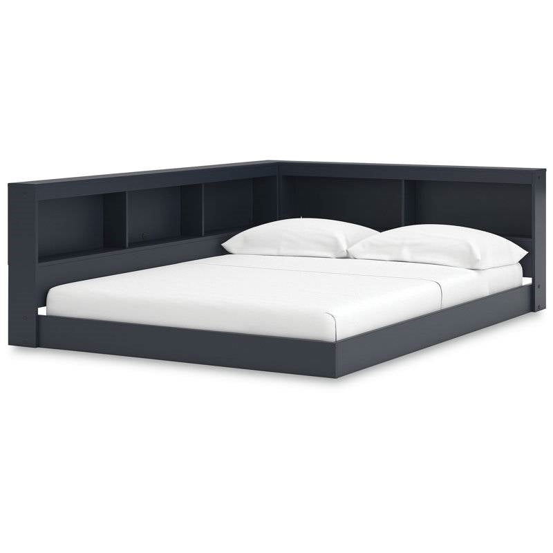 Cama de esquina de madera azul de tamaño completo con cabecero con estantería y puertos USB