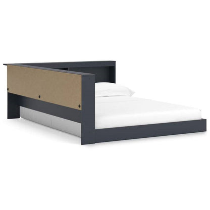 Cama de esquina de madera azul de tamaño completo con cabecero con estantería y puertos USB
