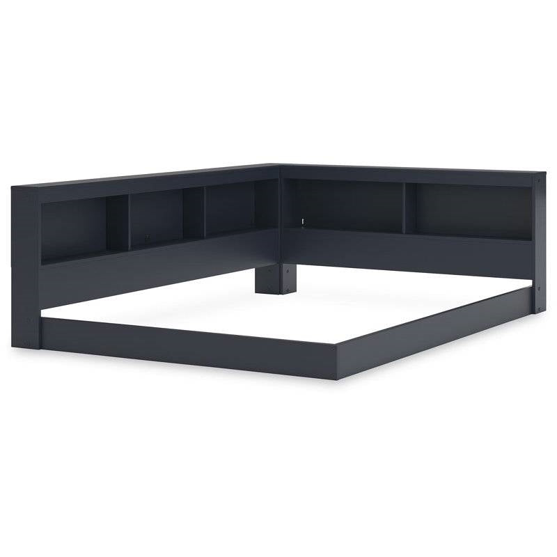 Cama de esquina de madera azul de tamaño completo con cabecero con estantería y puertos USB