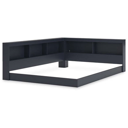 Cama de esquina de madera azul de tamaño completo con cabecero con estantería y puertos USB