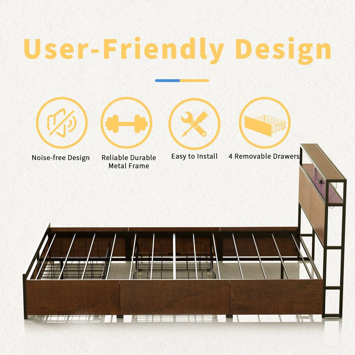 Full size Platform Bed with Headboard and Storage Drawers in Brown Wood Finish