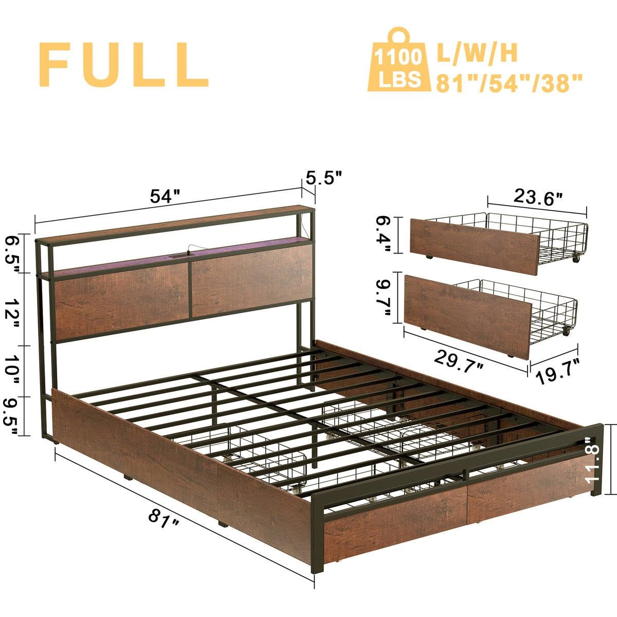 Full size Platform Bed with Headboard and Storage Drawers in Brown Wood Finish