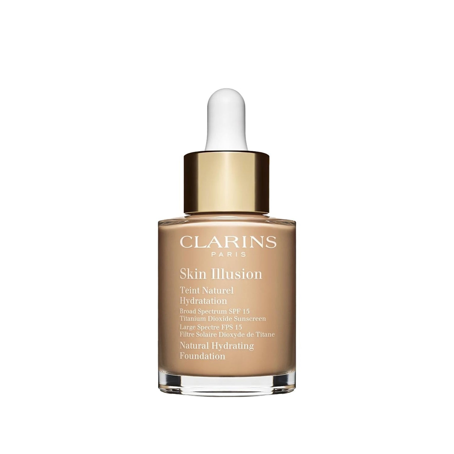 Clarins Skin Illusion foundation bottle with beige liquid, white dropper cap, gold collar on Tampa Home & Garden Store