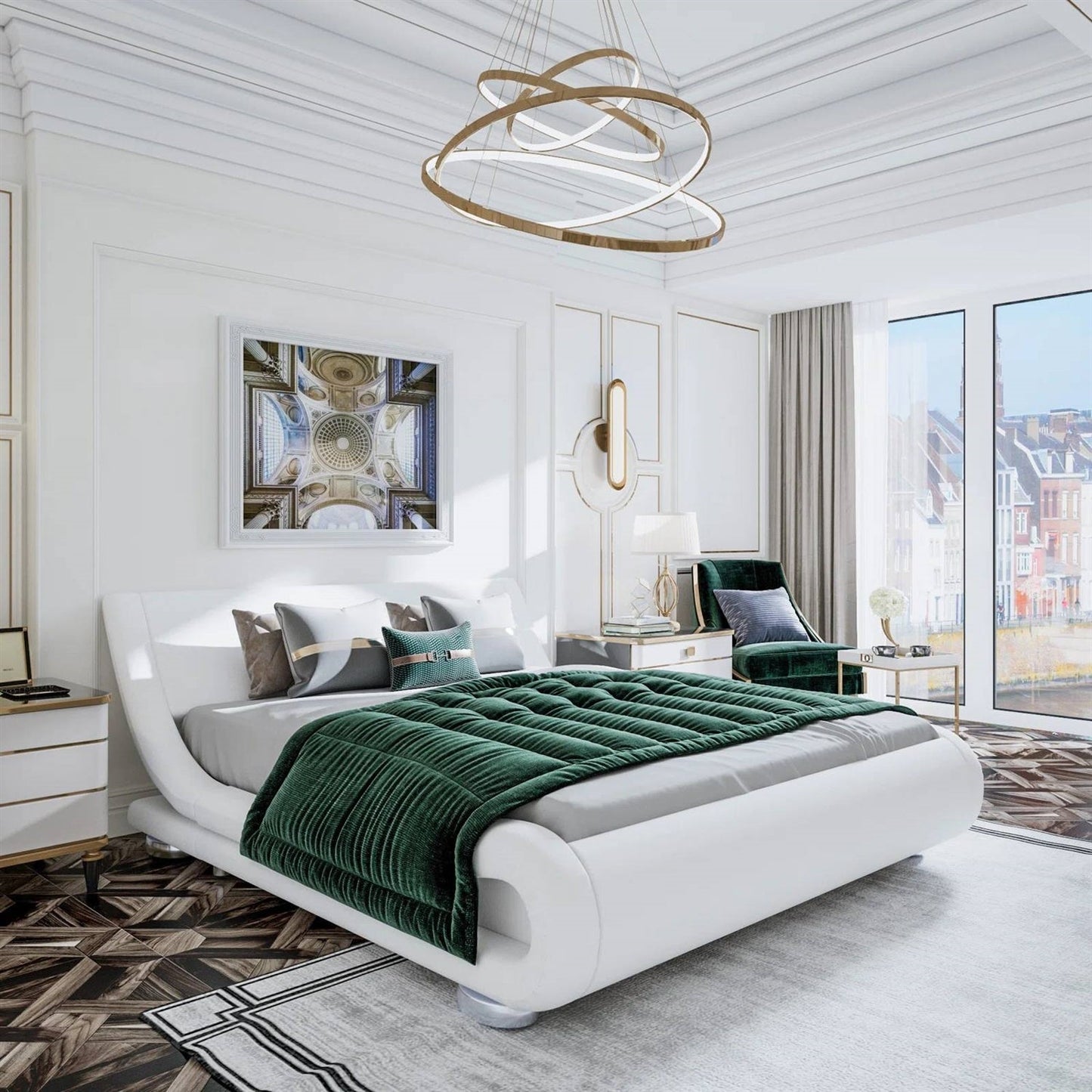 Base de cama tapizada blanca moderna de tamaño matrimonial con cabecero curvado estilo trineo