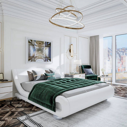 Base de cama tapizada blanca moderna de tamaño matrimonial con cabecero curvado estilo trineo