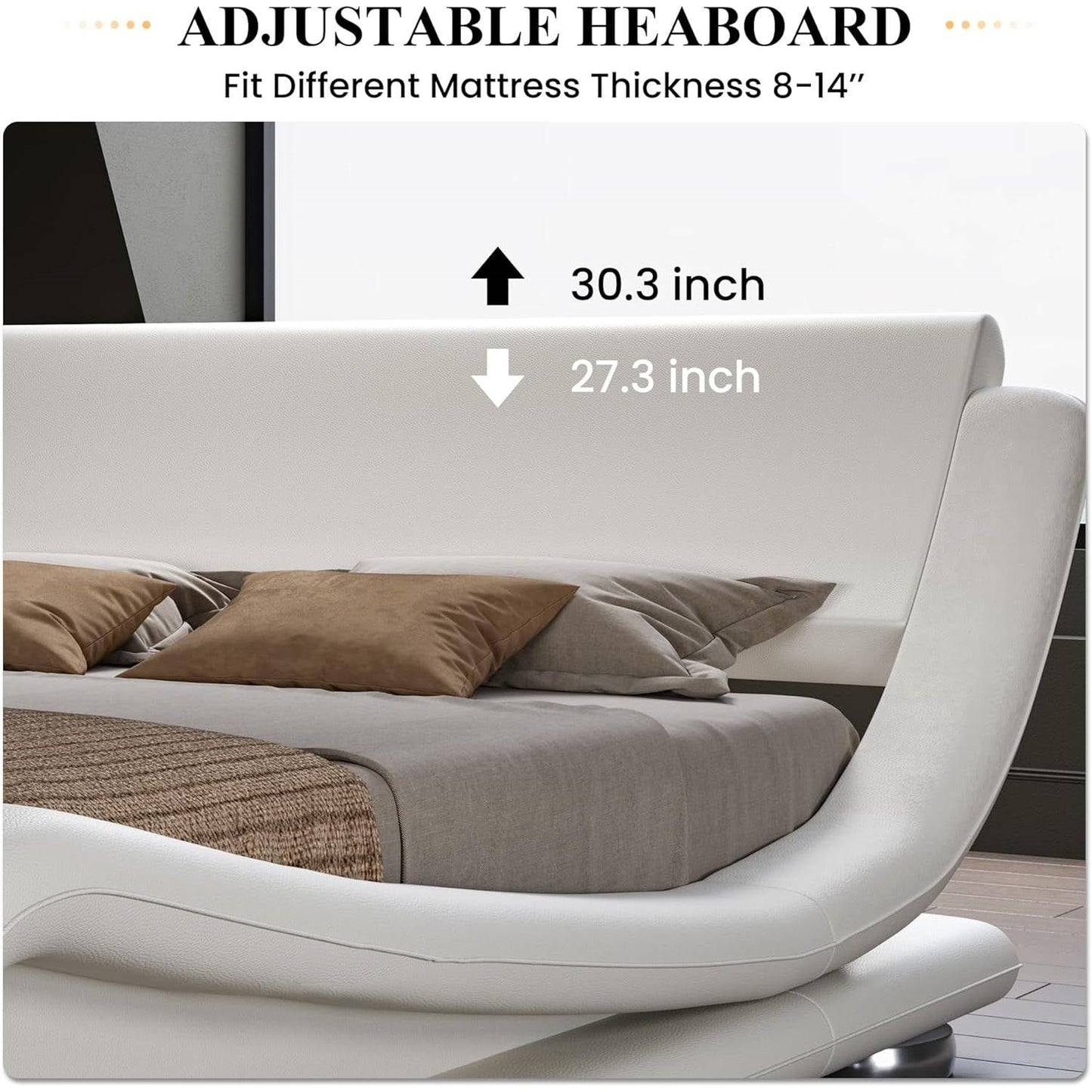 Base de cama tapizada blanca moderna de tamaño matrimonial con cabecero curvado estilo trineo