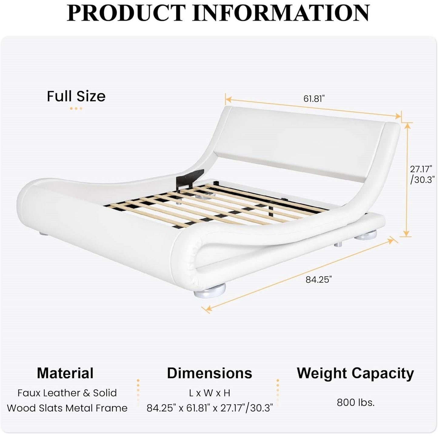 Base de cama tapizada blanca moderna de tamaño matrimonial con cabecero curvado estilo trineo