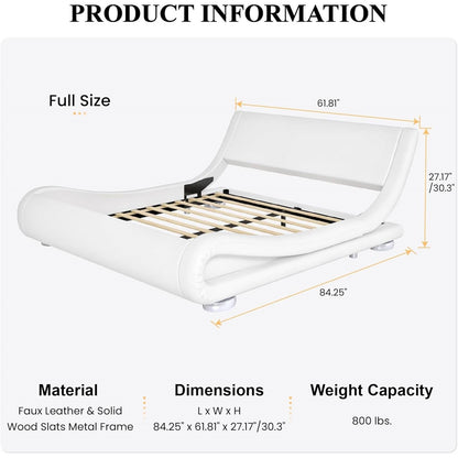 Base de cama tapizada blanca moderna de tamaño matrimonial con cabecero curvado estilo trineo
