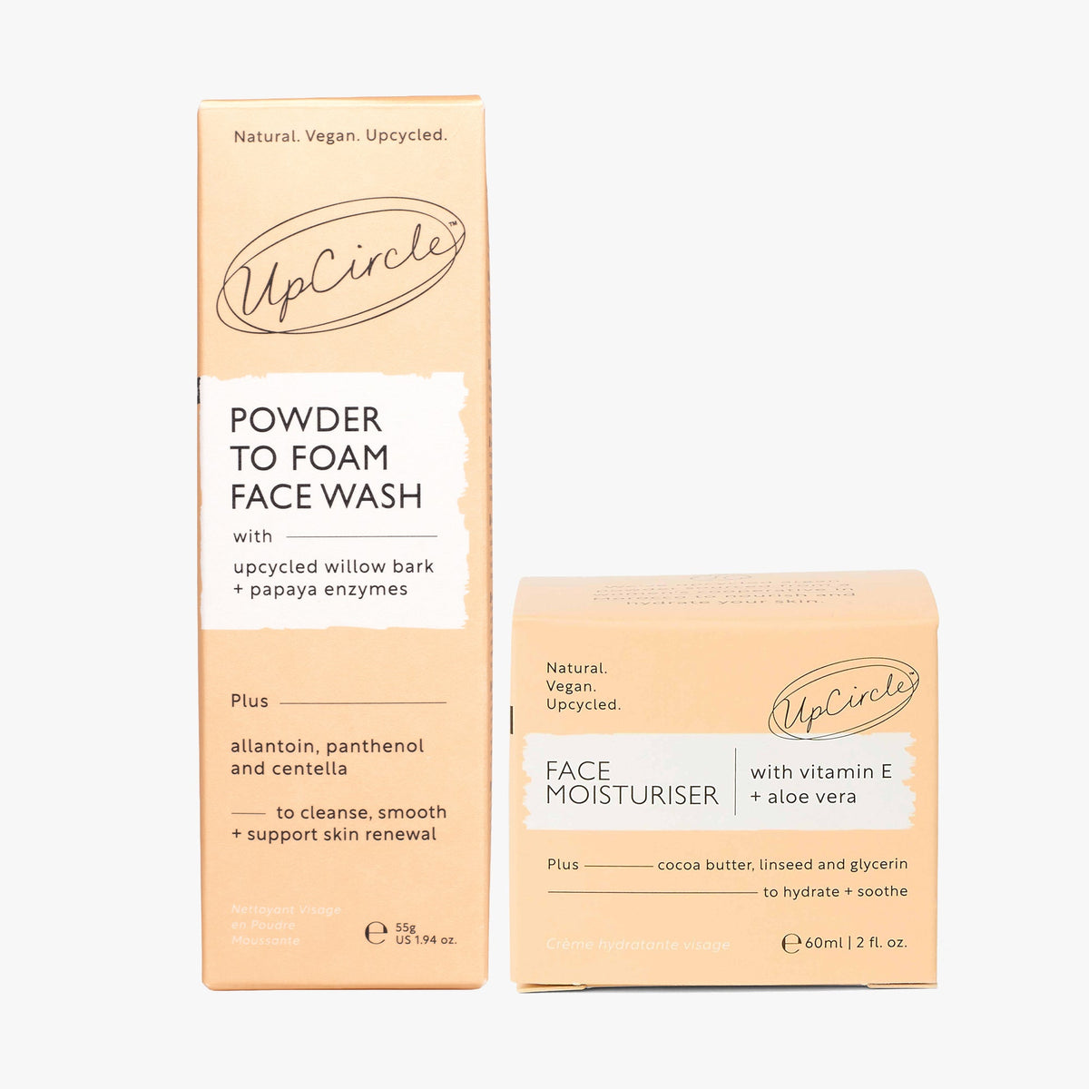 UpCircle The Daily Duo foaming face wash + vitamin E moisturizer in peach packaging on Tampa Home & Garden Store