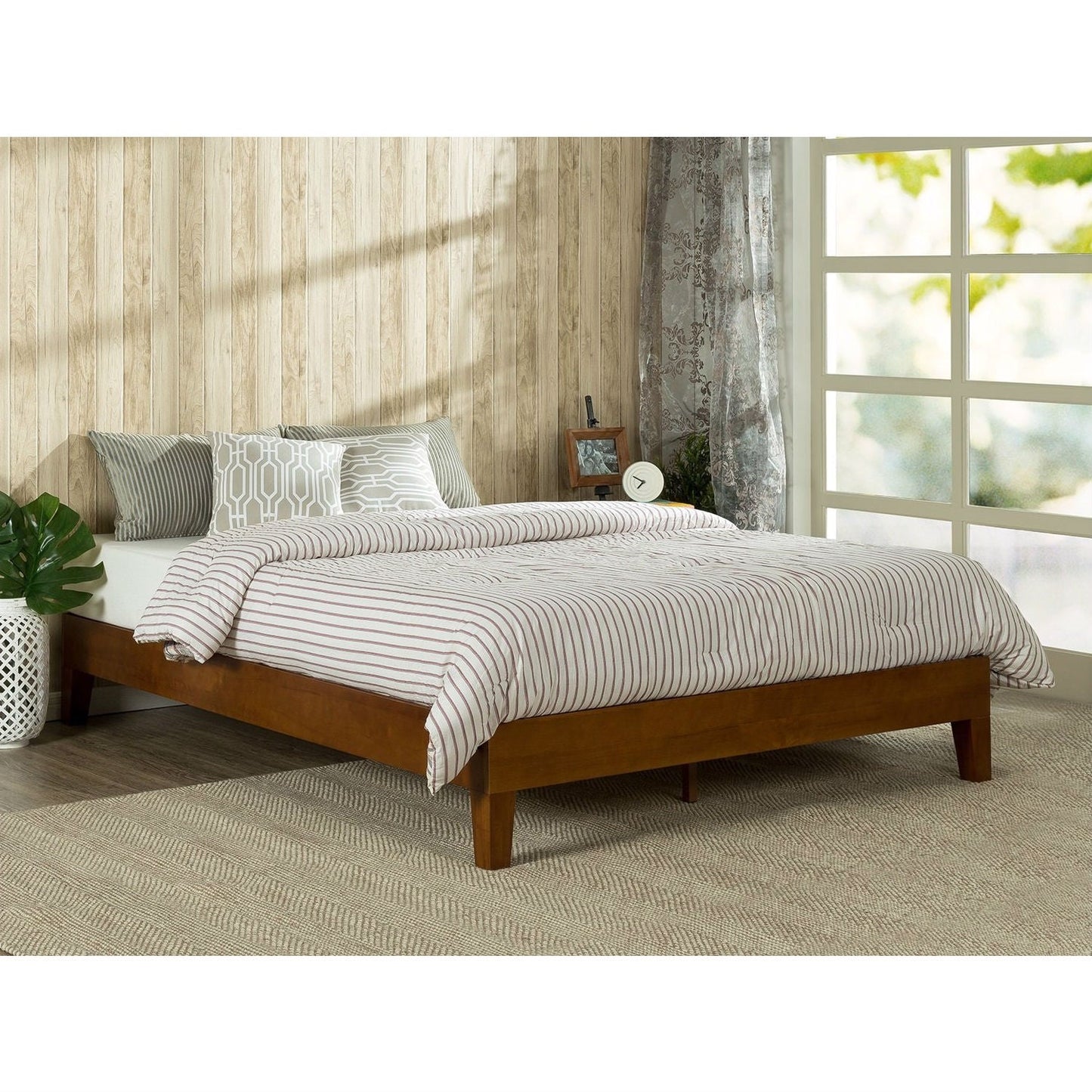 Estructura de cama de plataforma de perfil bajo tamaño matrimonial con acabado en madera de cerezo