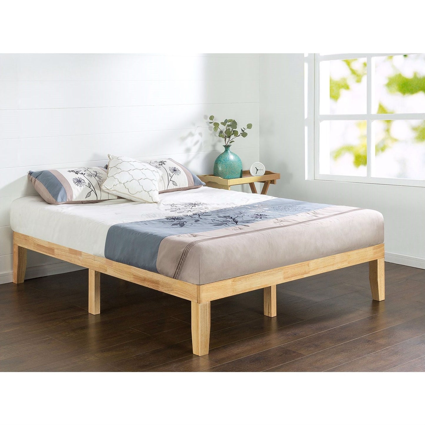 Base de cama de plataforma de madera maciza tamaño matrimonial con acabado natural