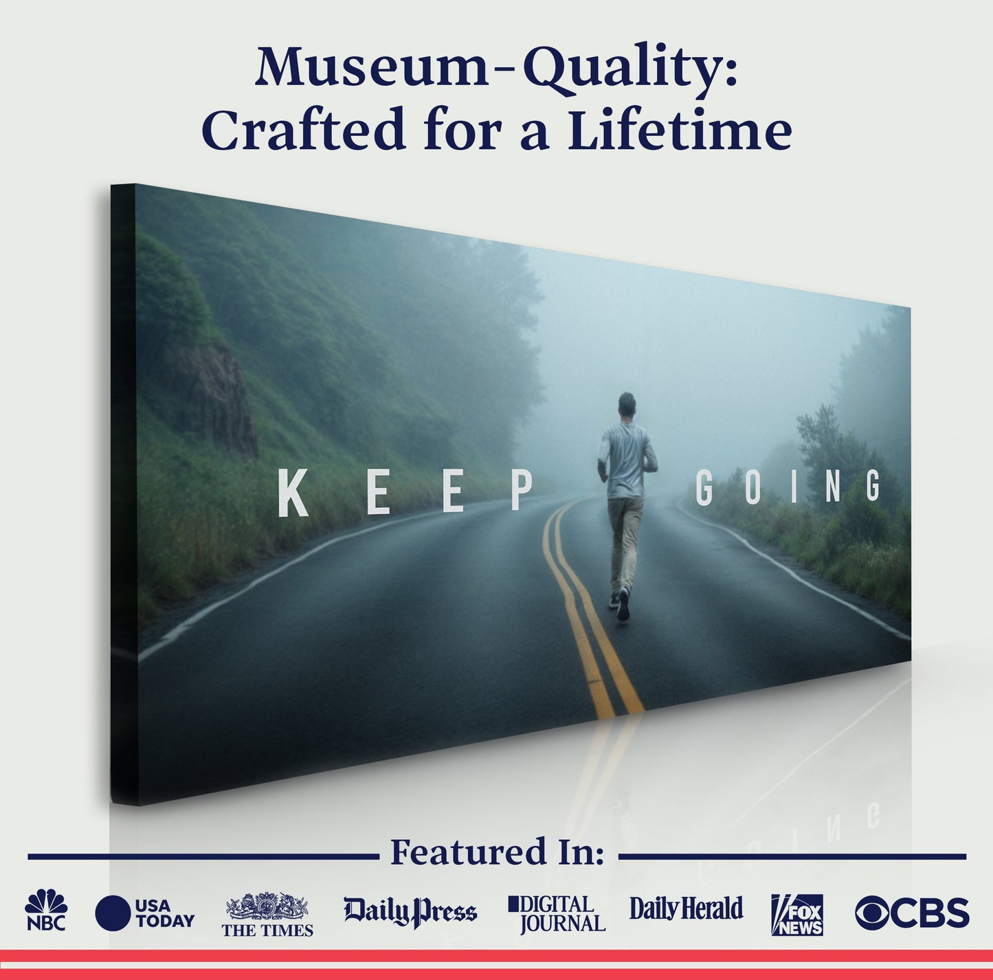 Keep Going Motivational Wall Sign canvas by Tailored Canvases with a runner on a misty road on Tampa Home & Garden Store