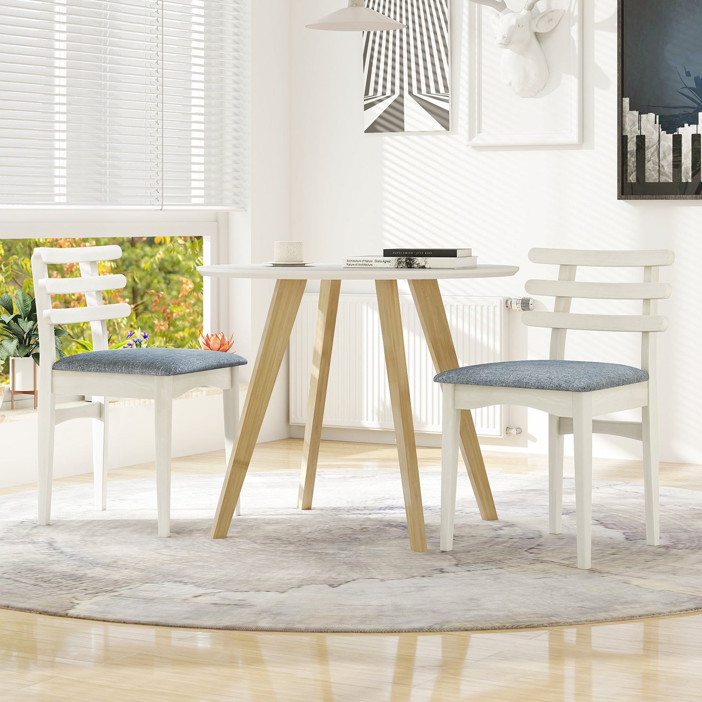 Sillas auxiliares de cocina de tela con estructura de madera de caucho y asiento acolchado - Blanco