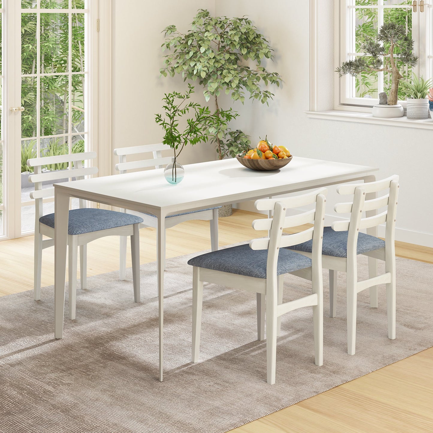 Sillas auxiliares de cocina de tela con estructura de madera de caucho y asiento acolchado - Blanco