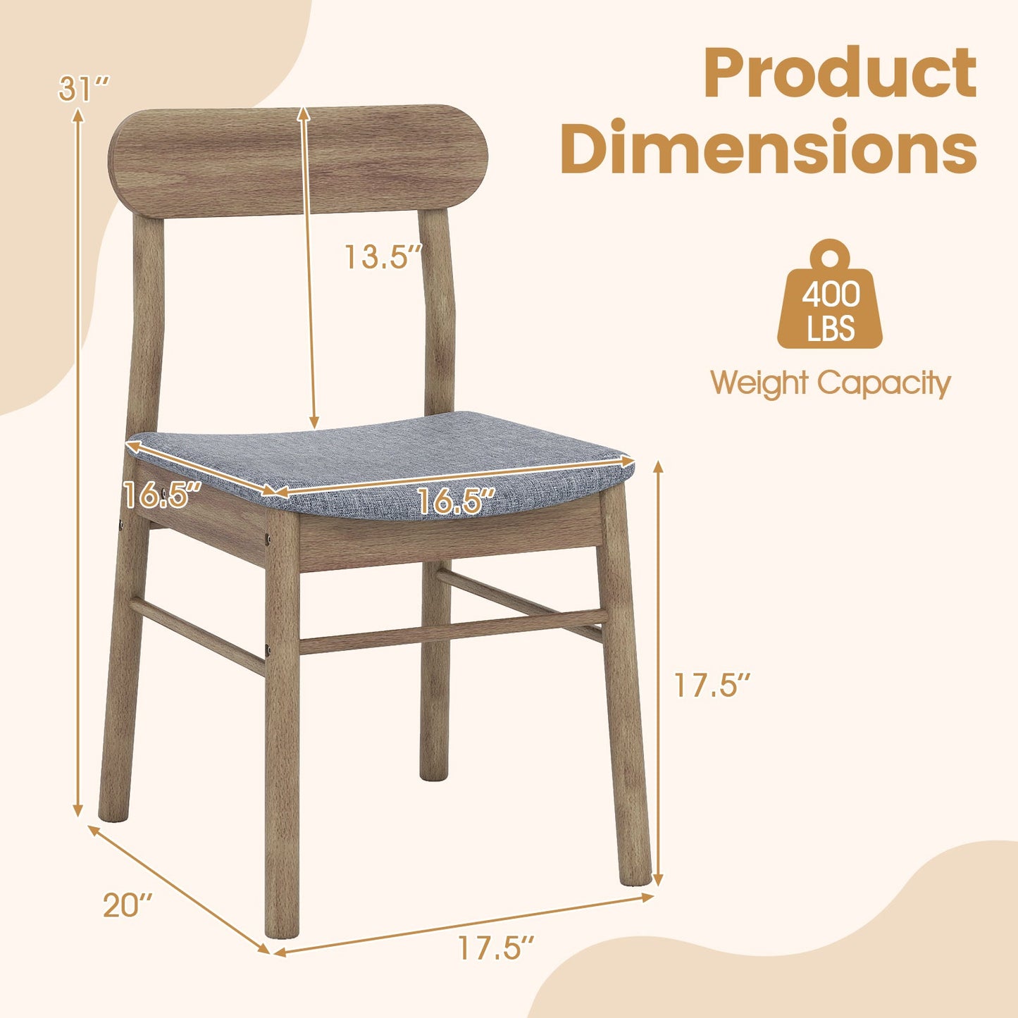 Fabric Upholstered Kitchen Armless Dining Chairs with Rubber Wood Frame Set of 2-Oak