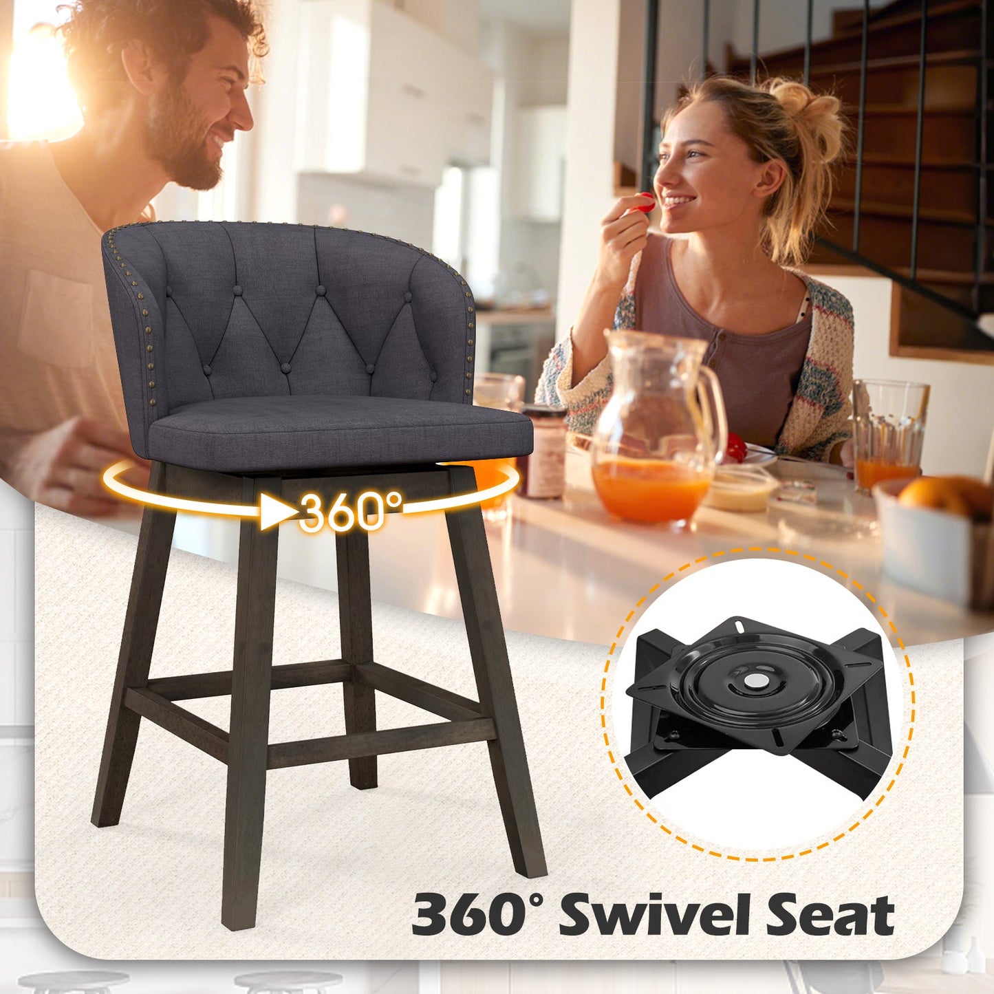 Counter Height Fabric Upholstered Bar Stools Set of 2-Gray
