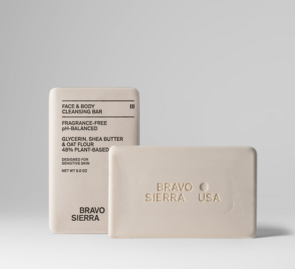 Face & Body Cleansing Bar by Bravo Sierra, pH-balanced soap in beige packaging, two bars on Tampa Home & Garden Store