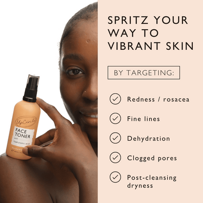 Face Toner with Hyaluronic Acid by UpCircle; beige pump bottle held by model beside peach panel on Tampa Home & Garden Store