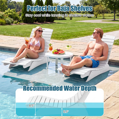 Pair of In-Pool Lounge Chairs with contoured ergonomic design, white plastic poolside chairs beside a table with drinks on Tampa Home & Garden Store
