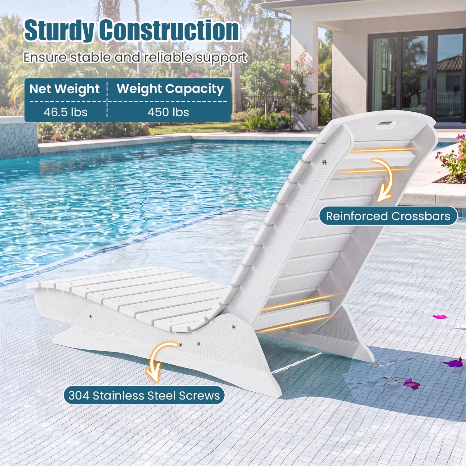 In-Pool Lounge Chair by DirectDeals, white plastic outdoor chair with reinforced crossbars on Tampa Home & Garden Store