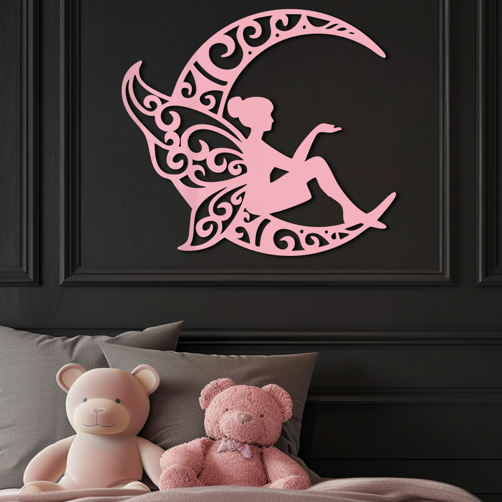 Fairy Sitting on Crescent Moon Metal Wall Art – Enchanted Decorative Silhouette - KAFGP132 - Tampa Home & Garden Store
