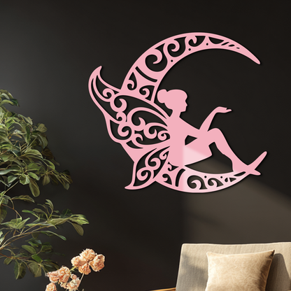 Fairy Sitting on Crescent Moon Metal Wall Art – Enchanted Decorative Silhouette - KAFGP132 - Tampa Home & Garden Store
