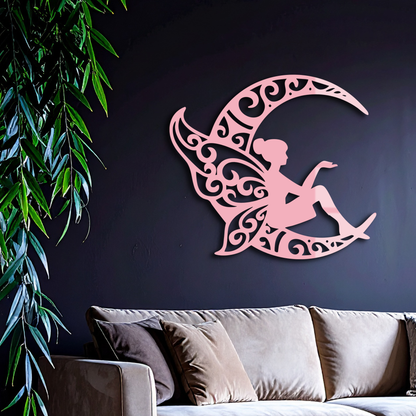 Fairy Sitting on Crescent Moon Metal Wall Art – Enchanted Decorative Silhouette - KAFGP132 - Tampa Home & Garden Store