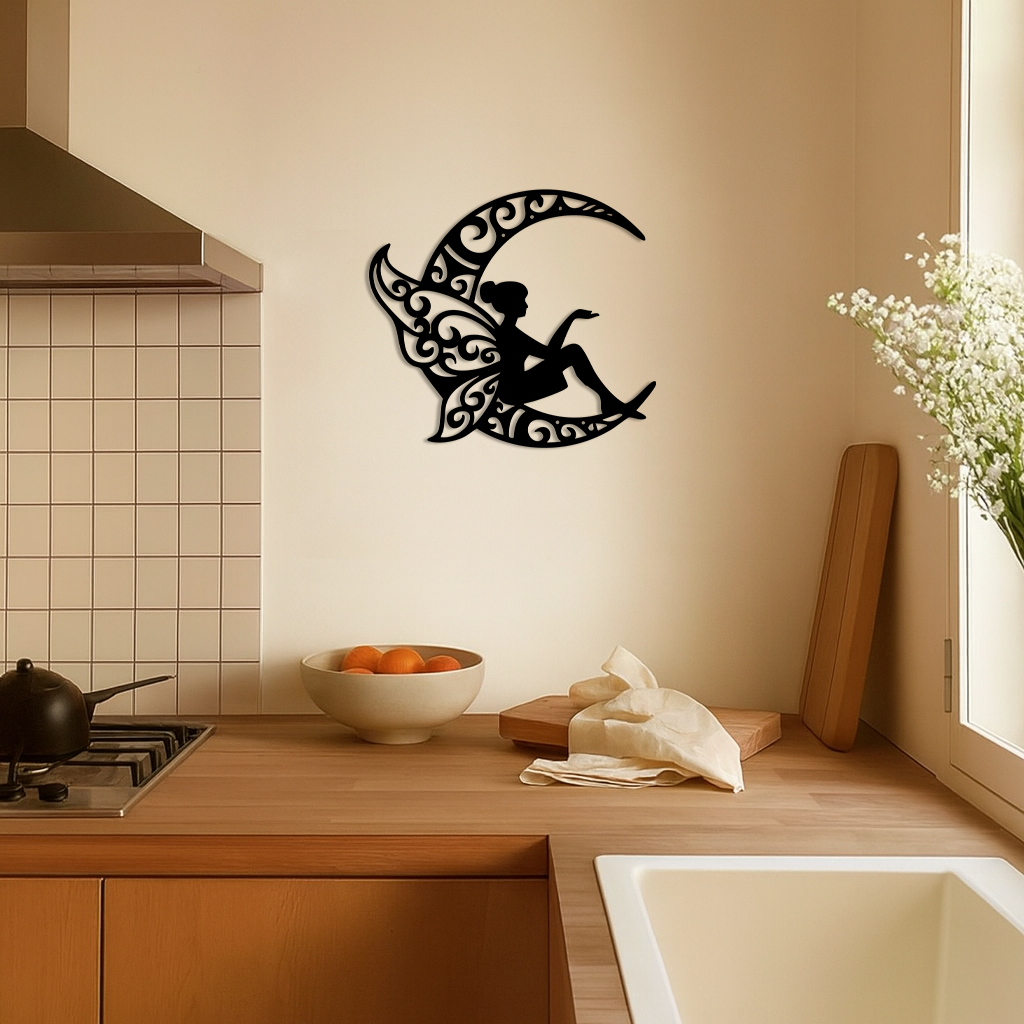 Fairy Sitting on Crescent Moon Metal Wall Art – Enchanted Decorative Silhouette - KAFGP132 - Tampa Home & Garden Store