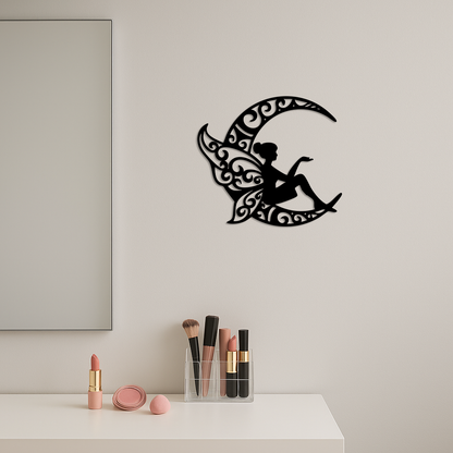 Fairy Sitting on Crescent Moon Metal Wall Art – Enchanted Decorative Silhouette - KAFGP132 - Tampa Home & Garden Store