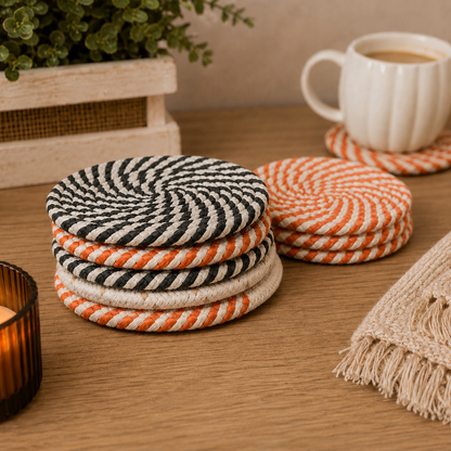 Gia Roma Fall Fabric Coaster set braided rope in black/white and orange/white on Tampa Home & Garden Store