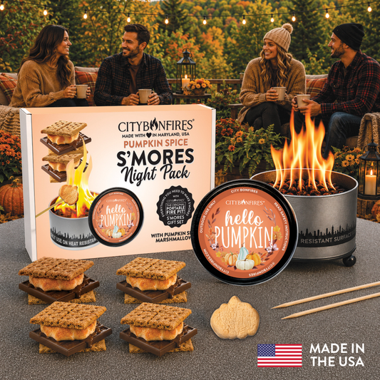 Pumpkin Spice S'mores Night Pack by City Bonfires outdoor fire pits hello pumpkin tin on Tampa Home & Garden Store