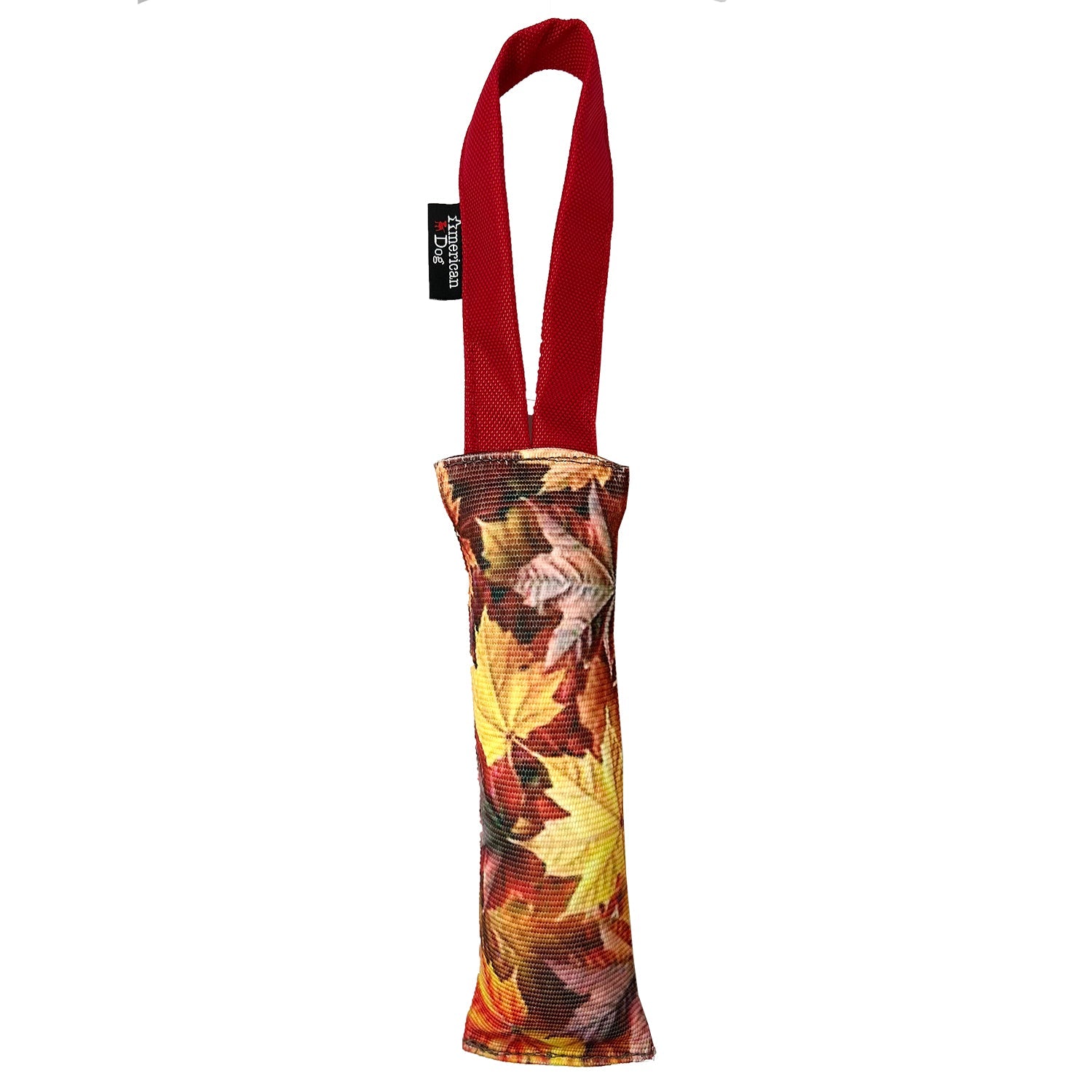 Fire Hose Dog Toy Tugs with two red loop handles and autumn leaf print fabric by American Dog on Tampa Home & Garden Store