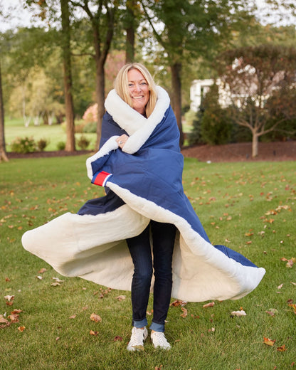 Nantucket on White Outdoor Large Blanket navy blue exterior with white sherpa lining on Tampa Home & Garden Store