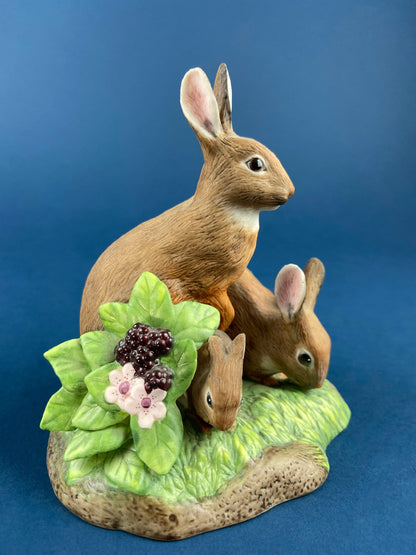 Family of Brown Porcelain Bunnies. Hand-Painted Mom Rabbit with Babies. In the Meadow by RW OM. Easter or Spring Celebration. - Tampa Home & Garden Store