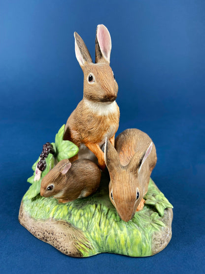Family of Brown Porcelain Bunnies. Hand-Painted Mom Rabbit with Babies. In the Meadow by RW OM. Easter or Spring Celebration. - Tampa Home & Garden Store