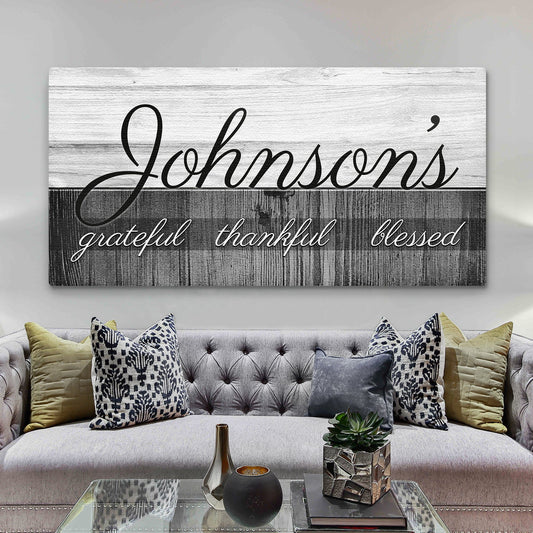 Family Grateful Sign canvas wall art with black white wood grain by Tailored Canvases on Tampa Home & Garden Store