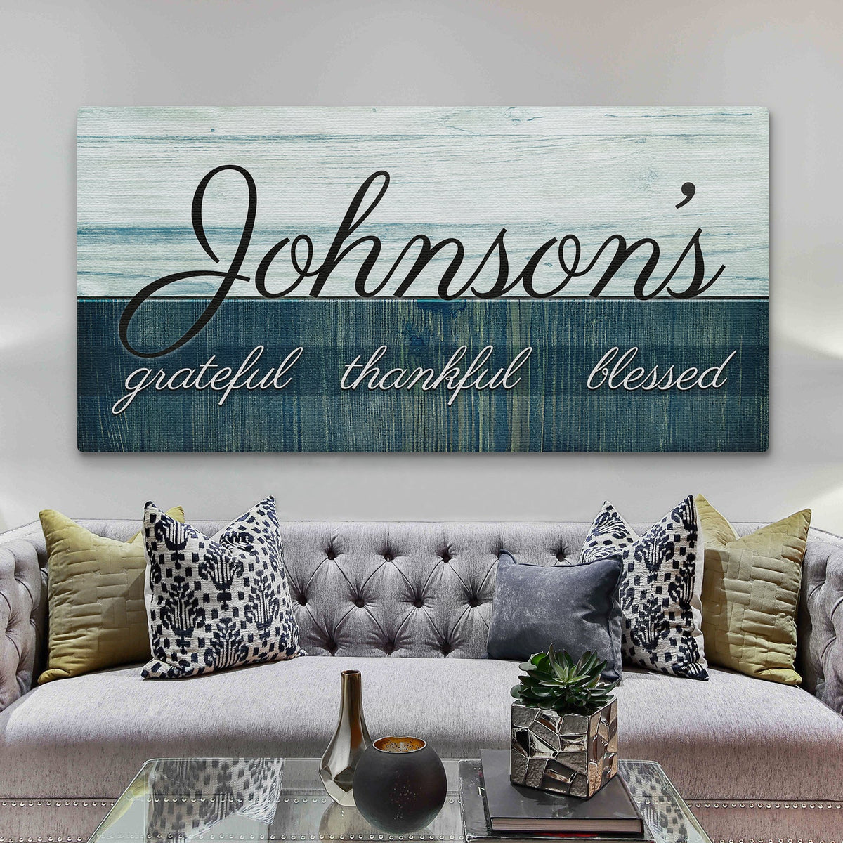 Family Grateful Sign canvas wall art with blue wood plank backdrop and Johnson's script on Tampa Home & Garden Store