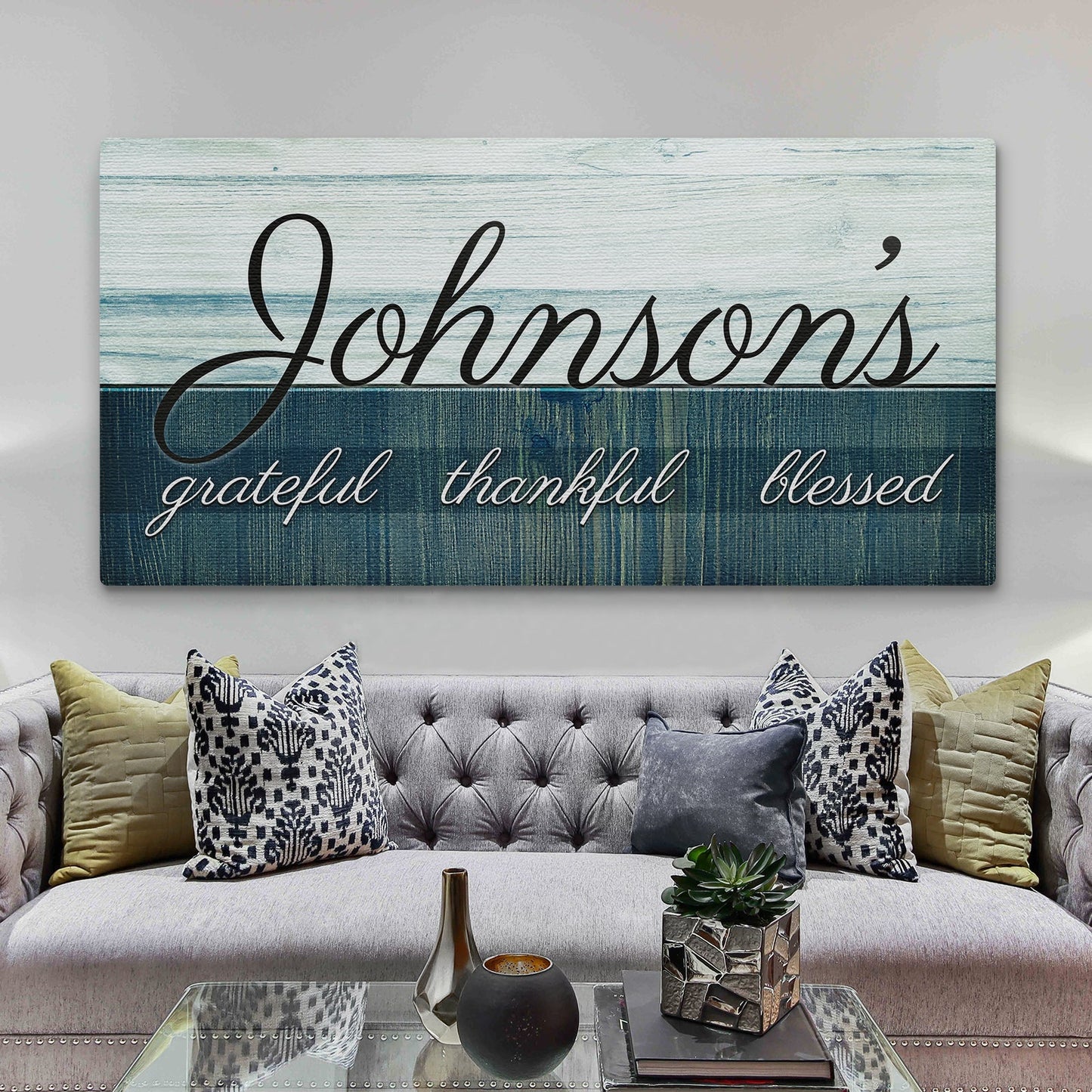 Family Grateful Sign III canvas wall art with distressed wood background and script Johnson's text on Tampa Home & Garden Store
